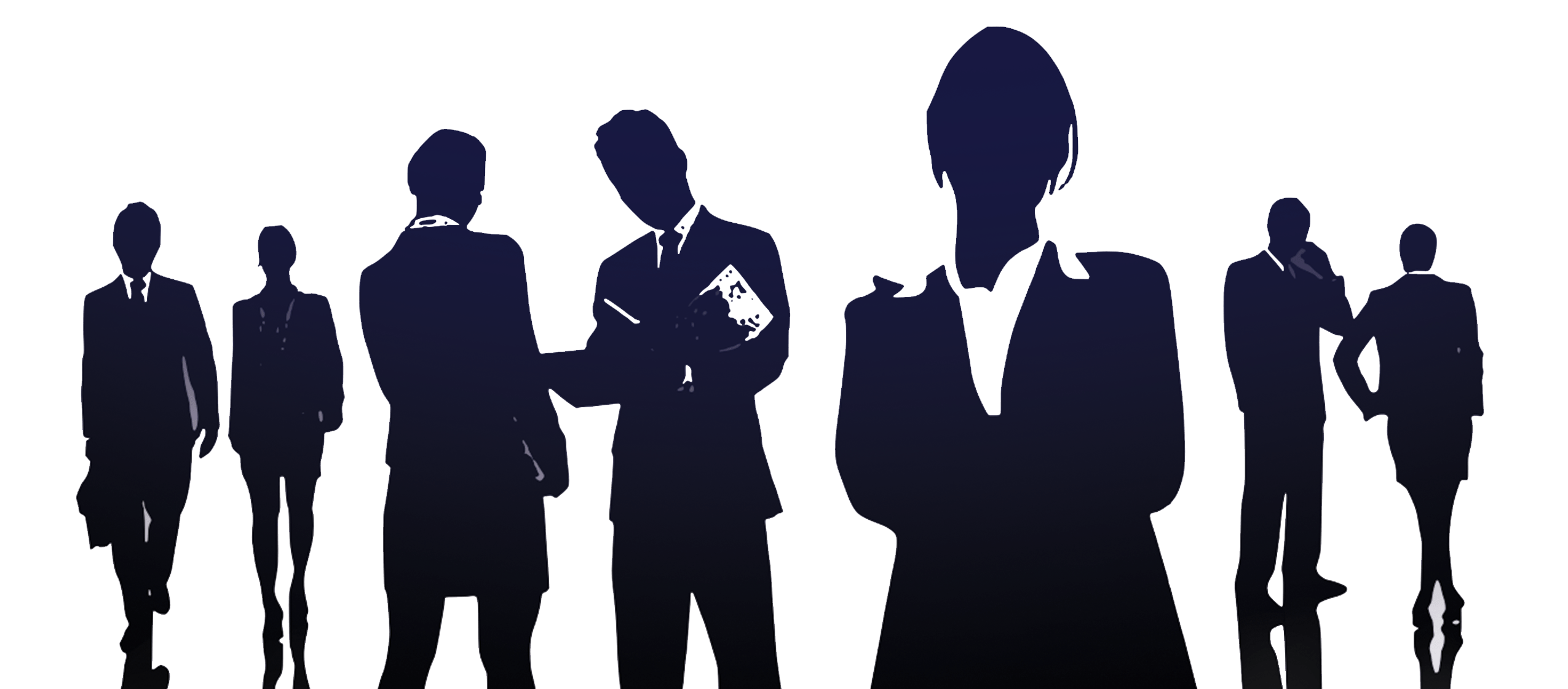 Silhouettes of business professionals in formal attire, representing teamwork and collaboration in a corporate environment.